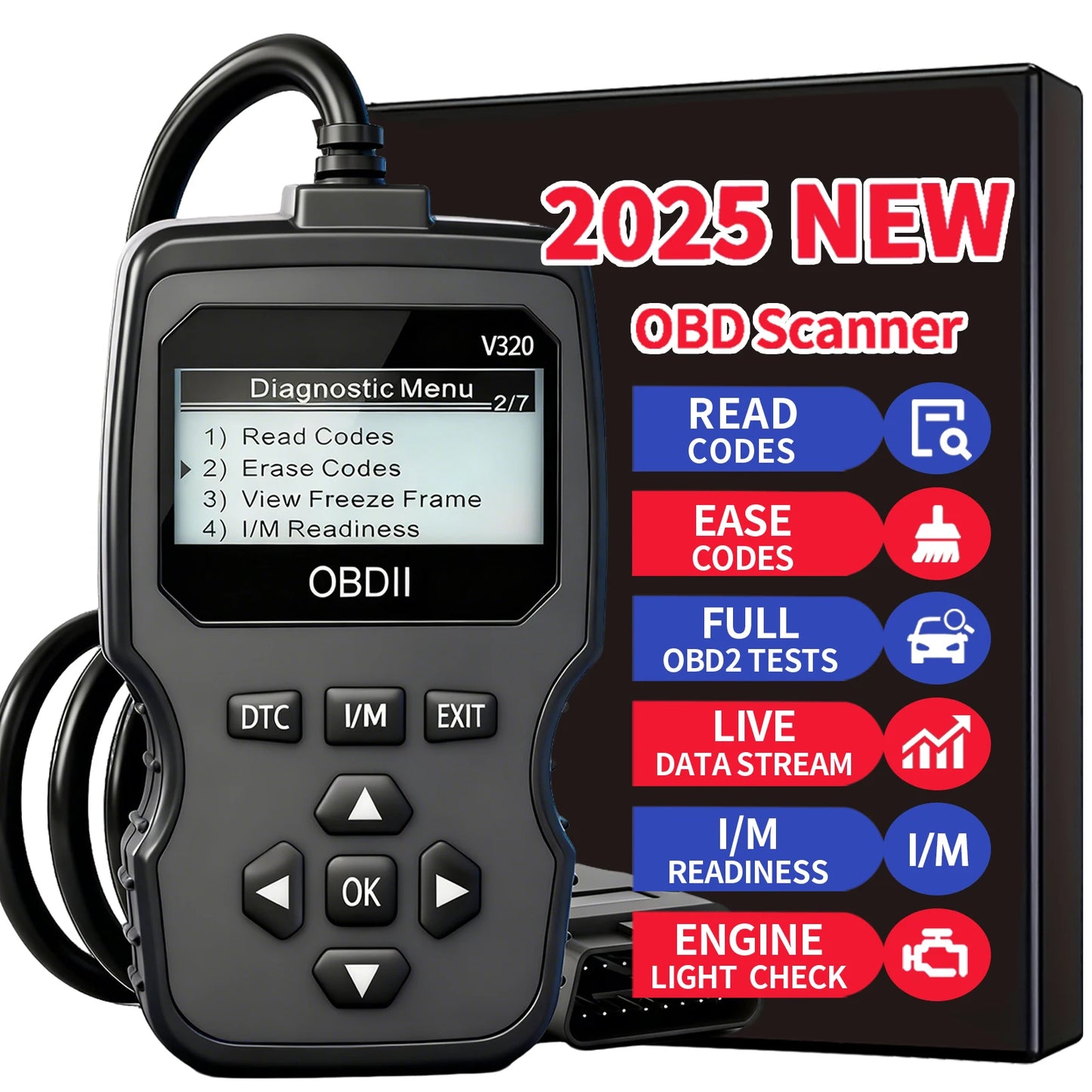 Obd2 Diagnostic Scanner Tool - Engine Fault Code Reader for All Cars since 1996, with Real-Time Data Stream, Battery Test, and Code Erasure