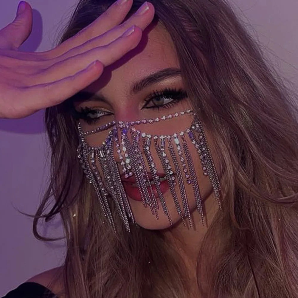 Fashion Rhinestone Tassel Mask Metal Chain Face Decoration Halloween Luxury Double-deck Crystal Veil Mask Belly Dance Jewelry