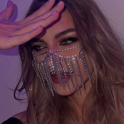 Fashion Rhinestone Tassel Mask Metal Chain Face Decoration Halloween Luxury Double-deck Crystal Veil Mask Belly Dance Jewelry