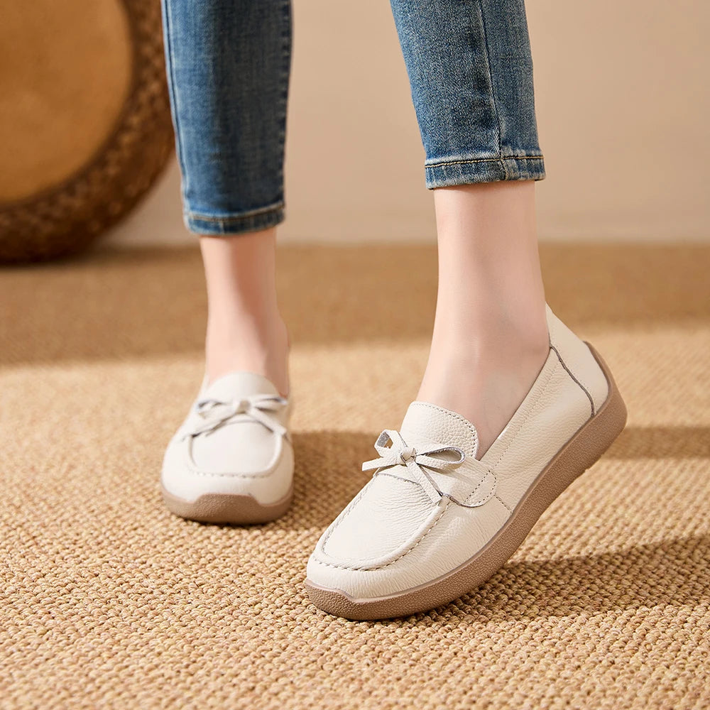 AIYUQI Women Bow Genuine Leather Loafers Slip‑on Platform Women Flat Shoes Mother Shoes Ladies Casual Walking Moccasins
