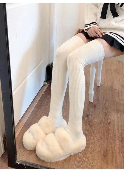 Long Socks Women Soft Wool Cashmere Socks Winter Solid Knitted Stocking Skinny Casual Knee High Fluffy Warm Thicken Girls Socks