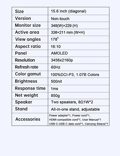VCHANCE 15.6 Inch 4K Portable Monitor 3456*2160p 100%DCI-P3 500Nits Office Display for PC Laptop Phone XBox Switch Macbook