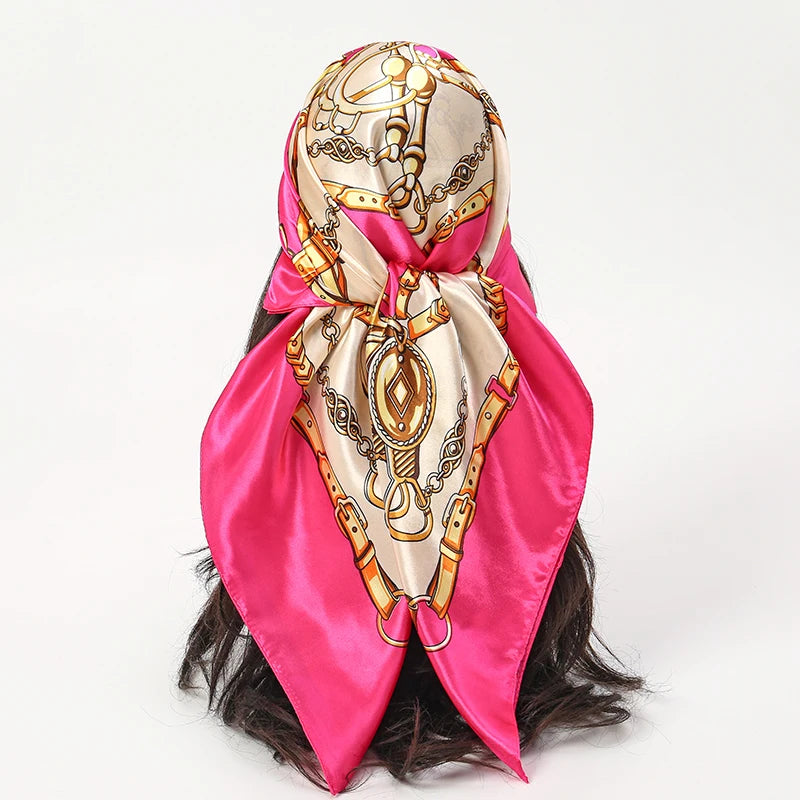 Handkerchiefs Hair Silk Scarf 90*90cm Print Satin Big Square Silk Scarves Shawls for Women Luxury Brand Designer Hijab Headband