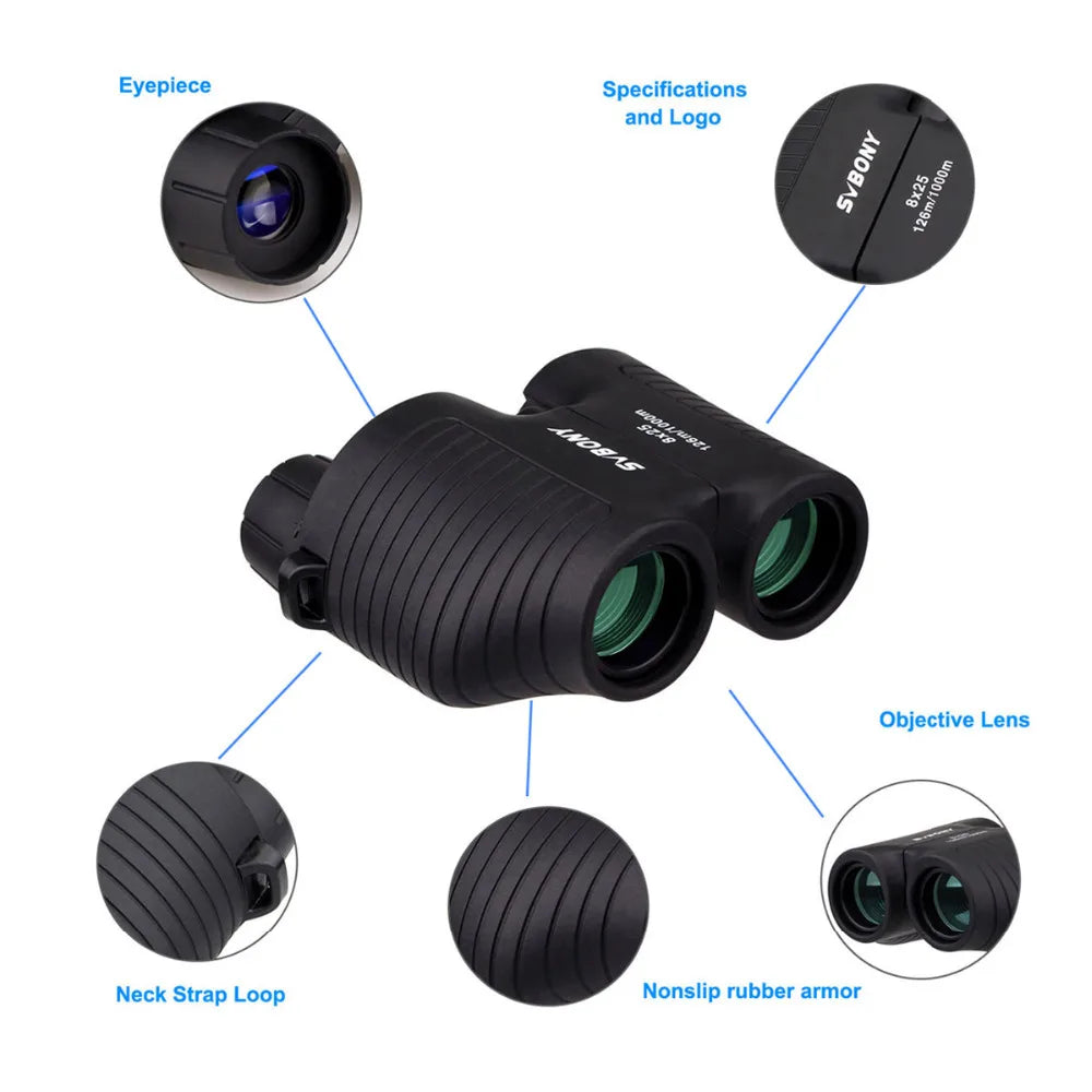 SVBONY 8x25 SV10 Binoculars Compact Fixed Focus Mini Portable Telescope Multi-coated Porro Prism for Outdoor Spoorts Games F9323