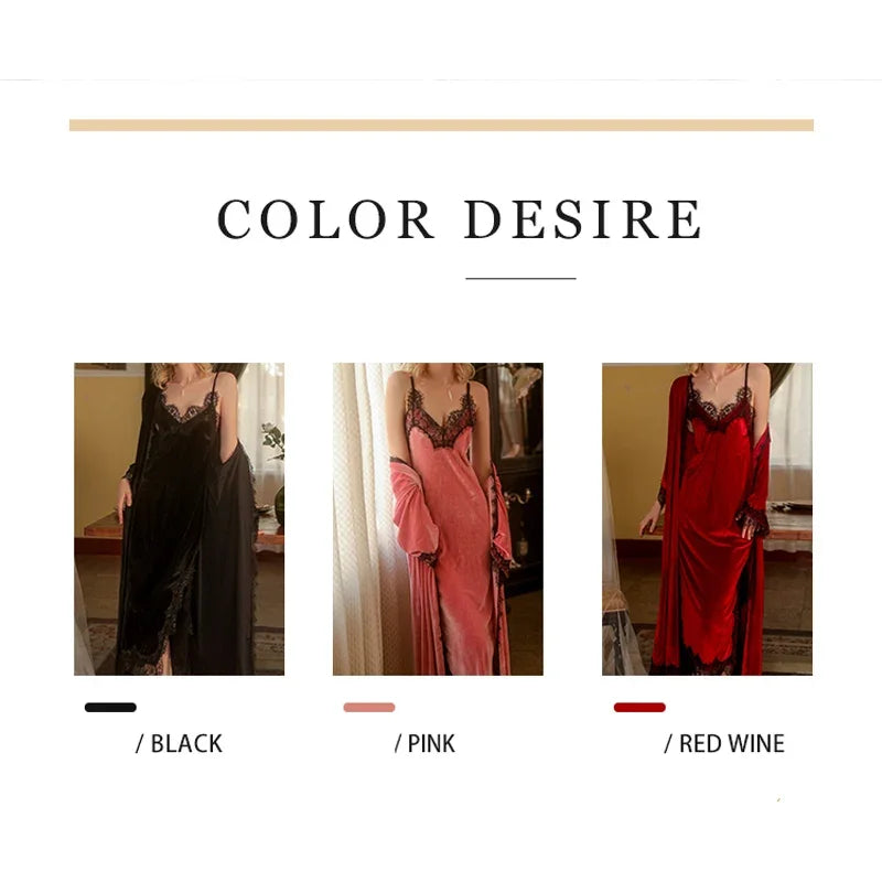 REBEYULI Brand Sexy Sleepwear Women 2026 Autumn Lace Sweet Solid Night Dress Long Soft Comfortable Velvet Robe Gown Sets Women
