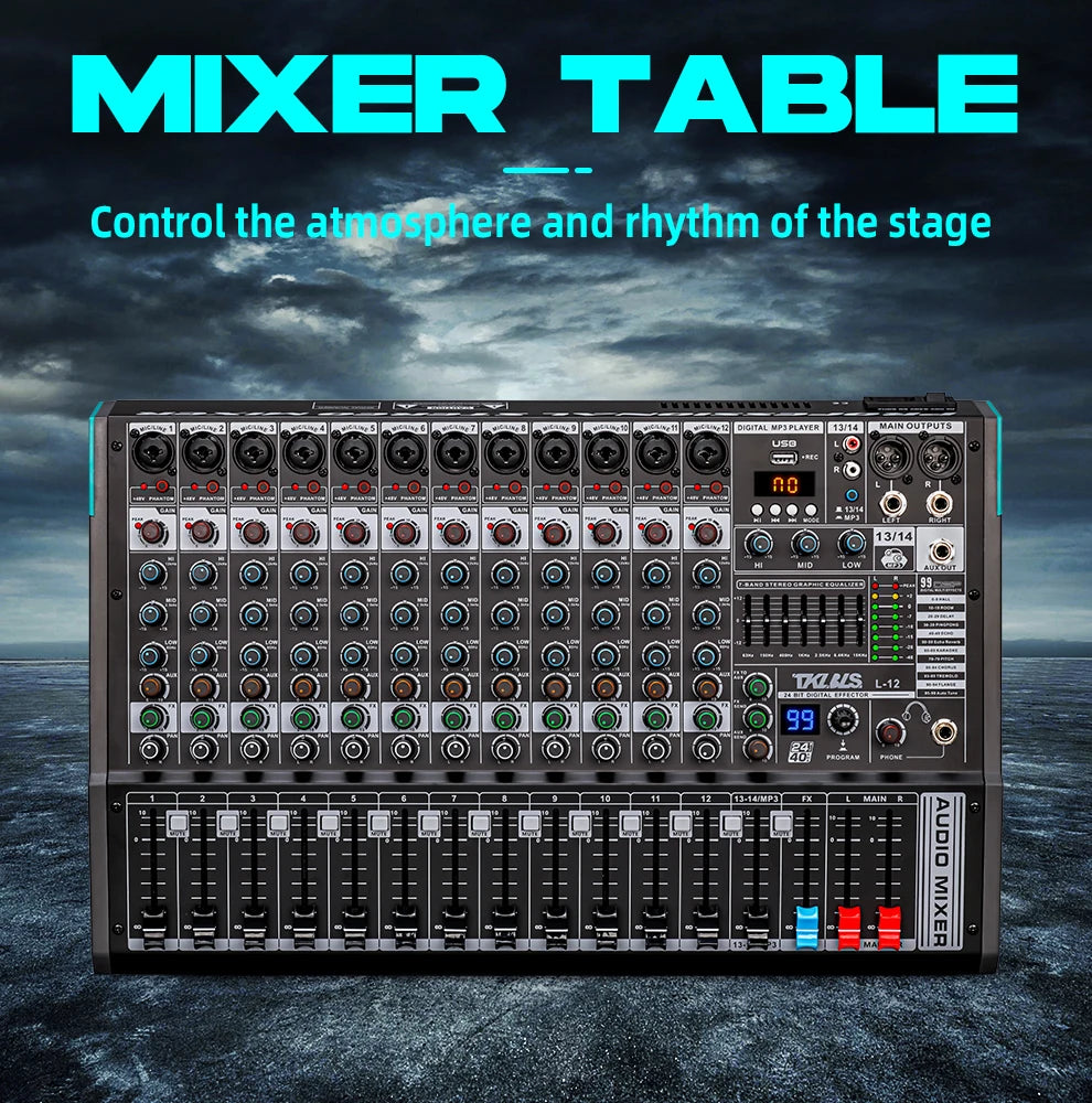 TKLBLS L12 mixer Professional 12 channel USB DJ PC 99 DSP effect  Bluetooth 48V party performance