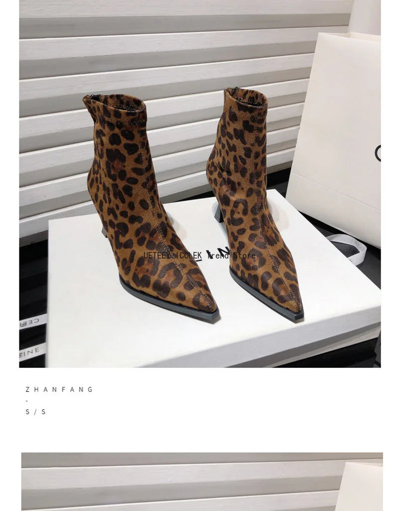 Leopard Print Women Ankle Boots Fashion Elegant Dancing Party Prom Shoes High Heel Women's Modern Short Booties