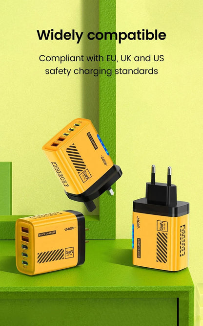 240W GaN Fast Charger 5 Ports 3USB C 2USB QC3.0 Quick Charge Plug Travel Wall Charger for iPhone Samsung Xiaomi Tablet EU/US/UK
