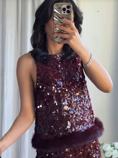Chic Sequin Sleeveless Top Pants Set Women Faux Fur Patchwork Tops High Waist Straight Trousers Sets Lady Party Street Outfits