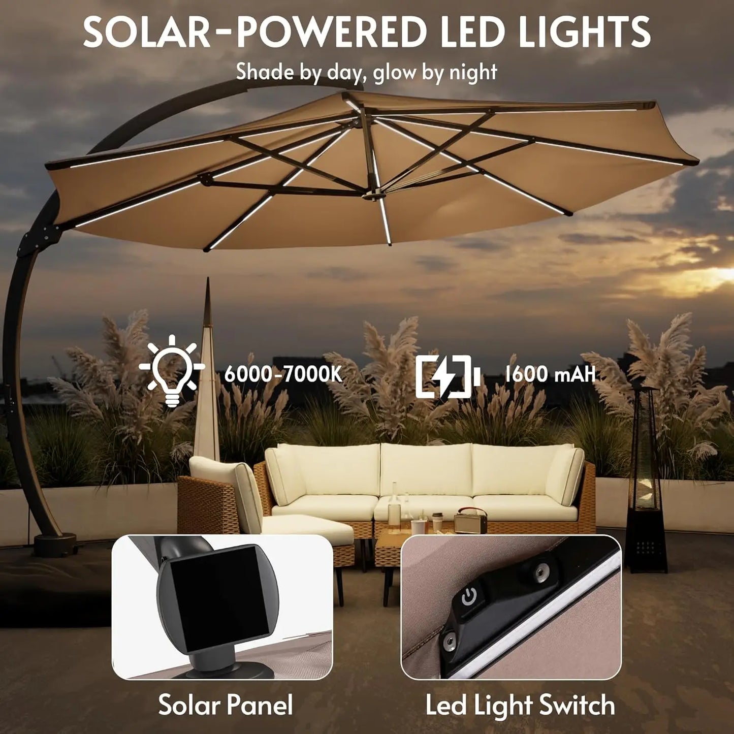 11FT Solar Powered LED Light Cantilever Patio Umbrella with Base Included, Large Cantilever Umbrella with, Customized