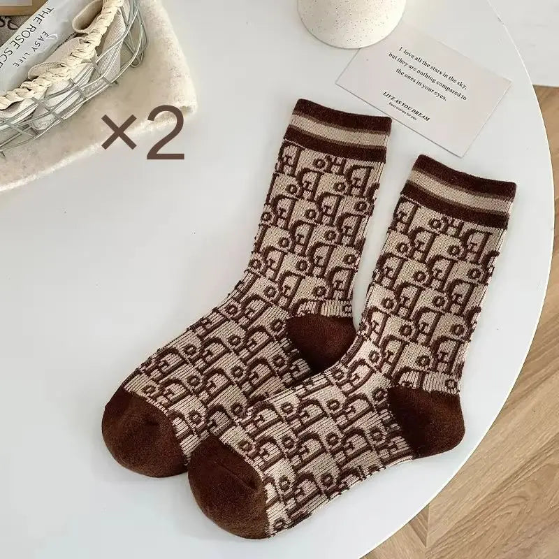Kuwa 1/2Pairs Trendy Winter Wool Socks Ladies Monogram Pattern Solid Color Thickened Middle Tube Socks Breathable Wholesale
