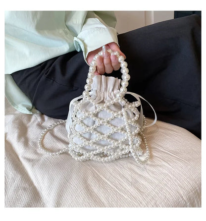 Women Pearl Bag Small Mini Tote Bucket Bag Woven Crossbody Hand Bags for Women Coin Purse Wallet Handbag Ladies Shoulder Bags