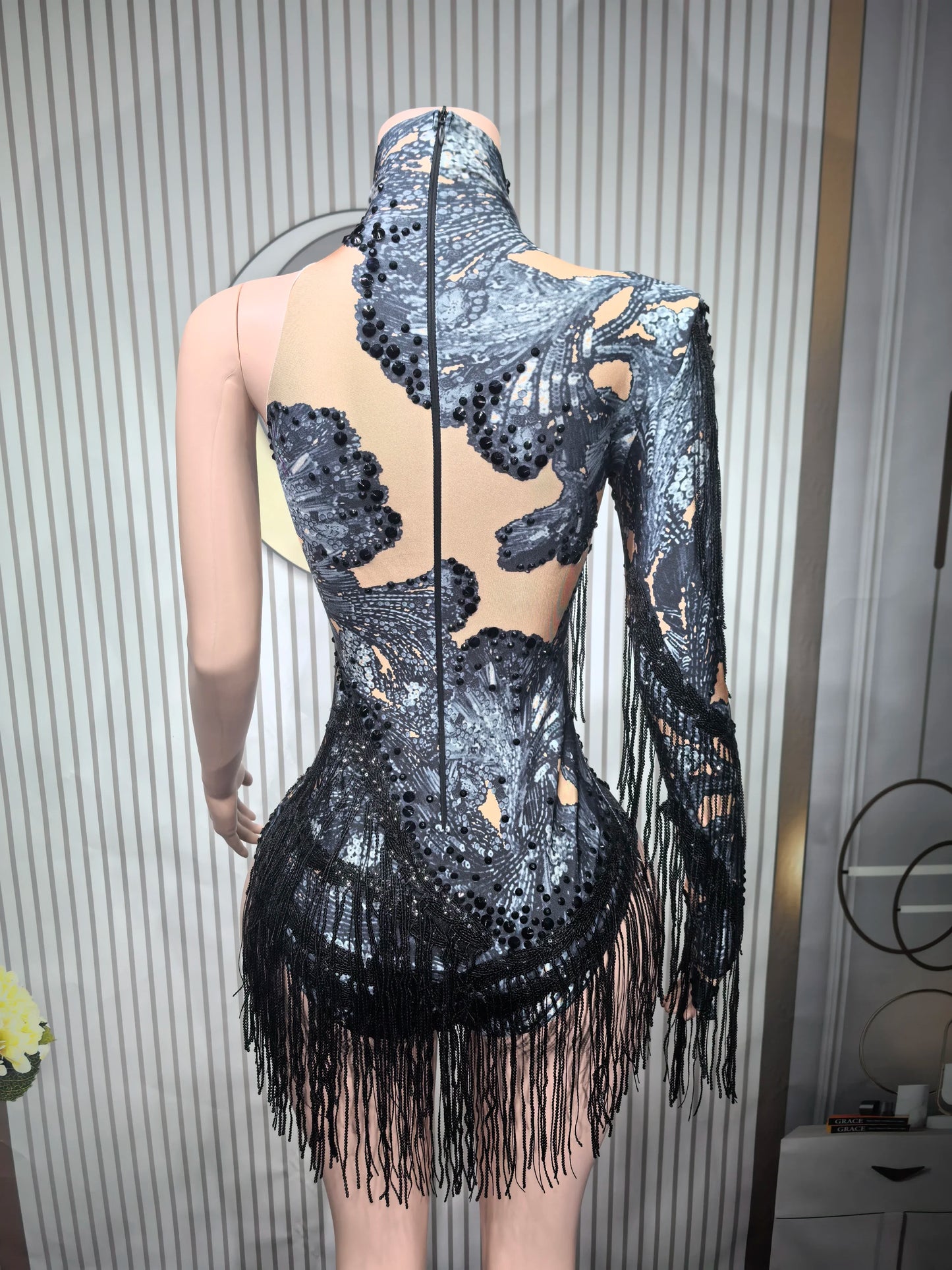 Rhinestones Women DanceCostume Fringes One Shoulder Bodysuit  Sexy Skinny Leotard Singer Dancer Show StageWear Sparkly Blue