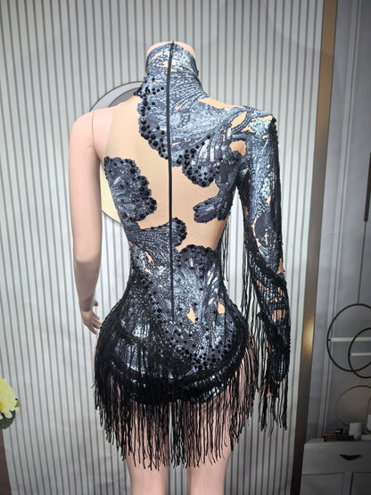 Rhinestones Women DanceCostume Fringes One Shoulder Bodysuit  Sexy Skinny Leotard Singer Dancer Show StageWear Sparkly Blue