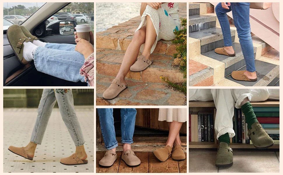 Crestar Women's Suede Clogs Lady Fashion Buckle Leather Mules Comfort Cork Footbed Potato Shoes with Arch Support Beach Sandal