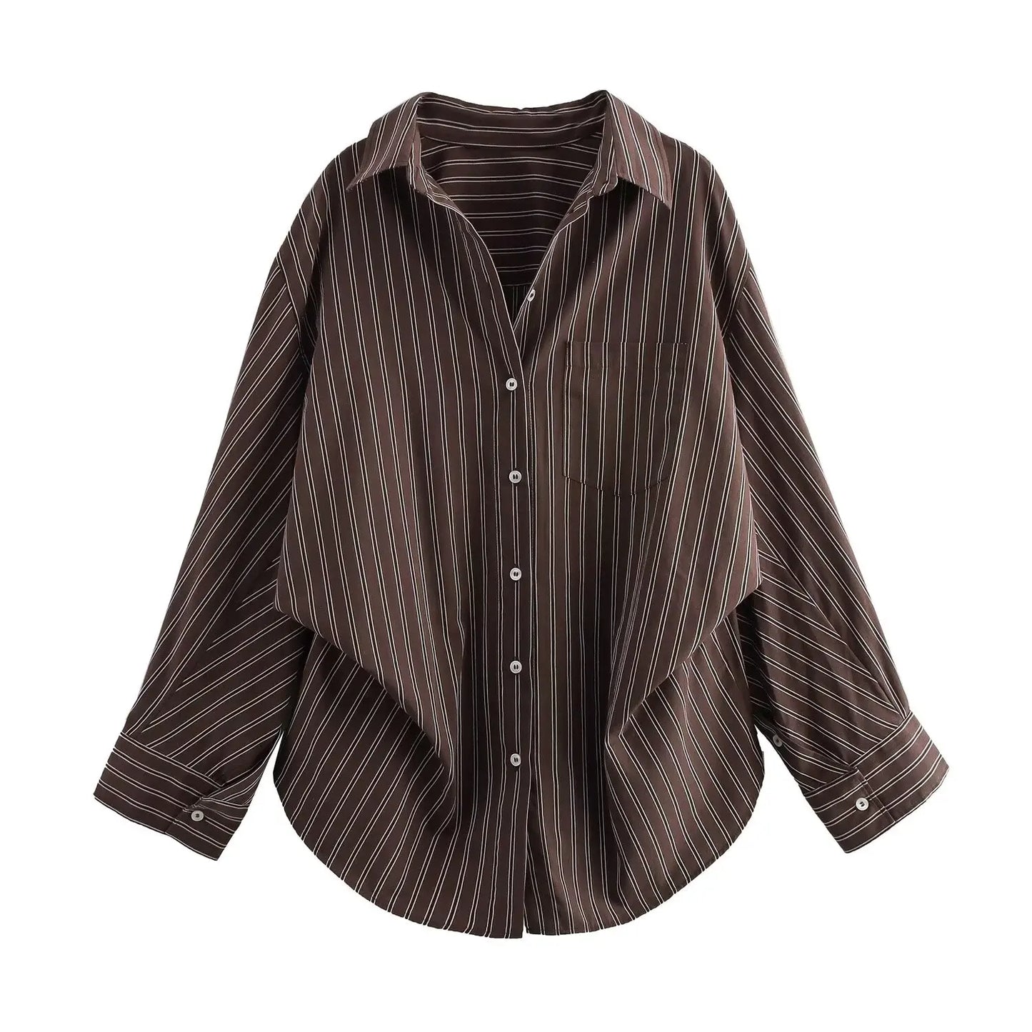 EDSA Women Brown Batwing Stripe Shirt Long Sleeves with Cuffs Patch Pockets Button-up Front for Office Lady Blouse