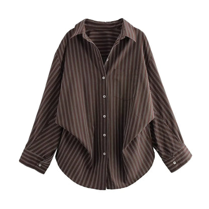 EDSA Women Brown Batwing Stripe Shirt Long Sleeves with Cuffs Patch Pockets Button-up Front for Office Lady Blouse