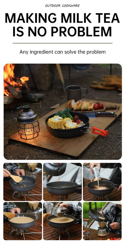 Camping Cooking Set, Outdoor Kitchenware Set, Aluminum Portable Tableware Kitchenware POTS Bowls Kettles Hiking Picnic Equipment