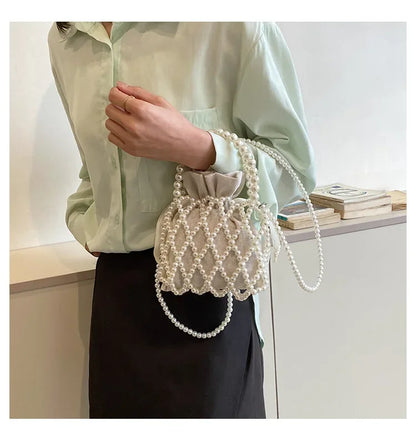 Women Pearl Bag Small Mini Tote Bucket Bag Woven Crossbody Hand Bags for Women Coin Purse Wallet Handbag Ladies Shoulder Bags