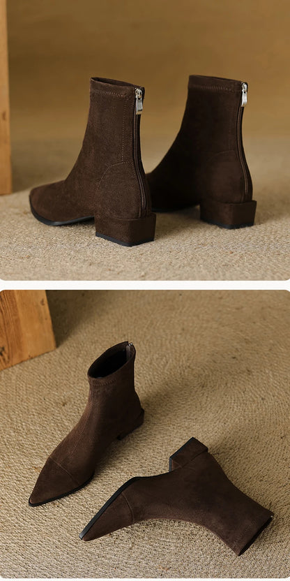 Autumn Vintage Suede Women Ankle Boots Ladies Concise Pointed Toe Thick Heel Short Botas Zapatos De Mujer