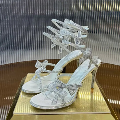 Luxury Rhinestones Mesh Bowknot Snake Coiled Women Gladiator Sandals Sexy Narrow band Thin High heels Summer Wedding Party Shoes