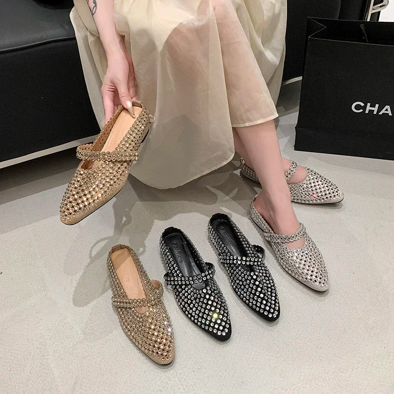 Crystal Women's Pointed Toe Slippers Luxury Flats Sandals Casual Mules Shoes Cozy New Trend Slides Fashion Dress Mujer Zapatos