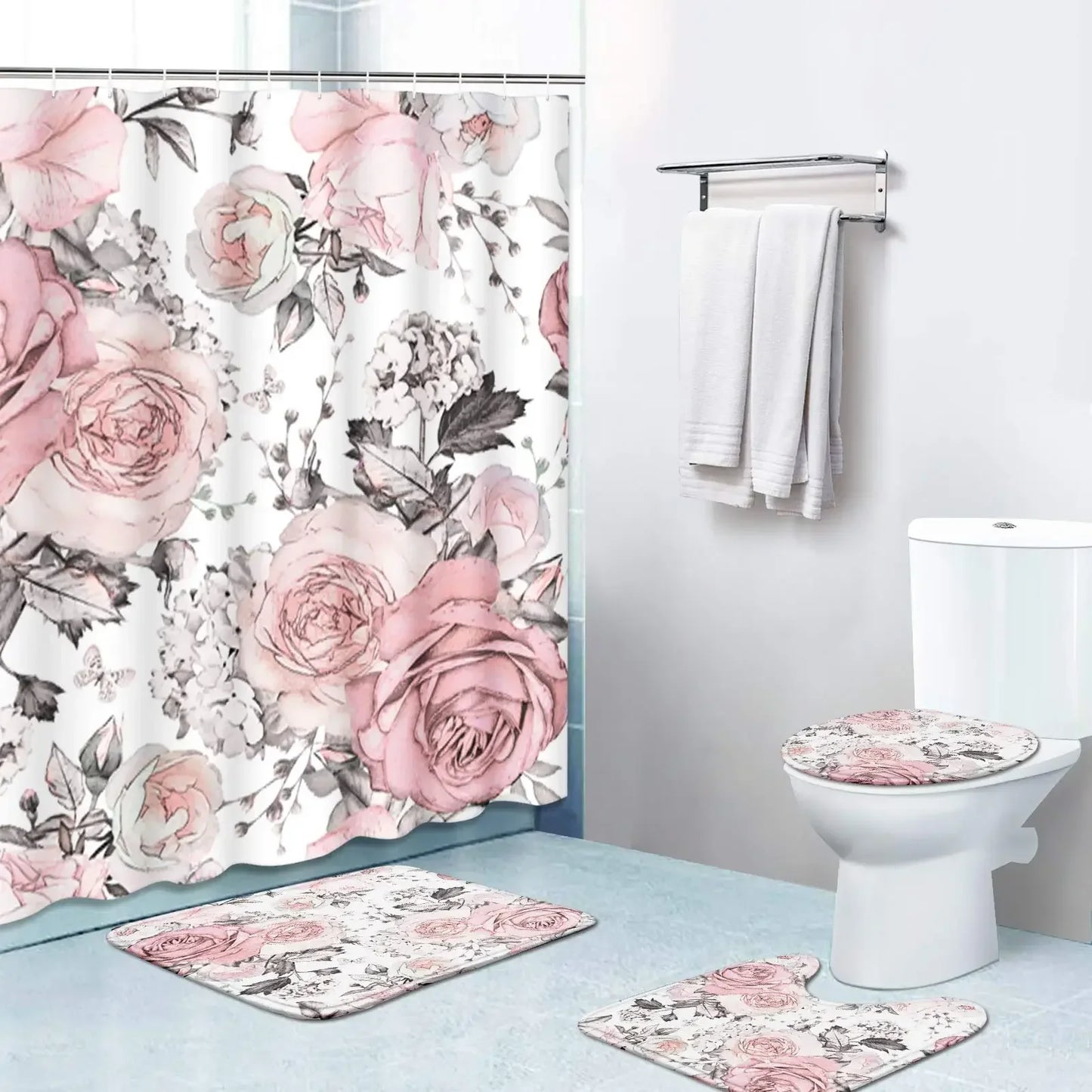 Banana Leaf Shower Curtain Set Non-Slip Rug Bathroom Accessories Tropical Palm Plant    Botanical Floral Green
