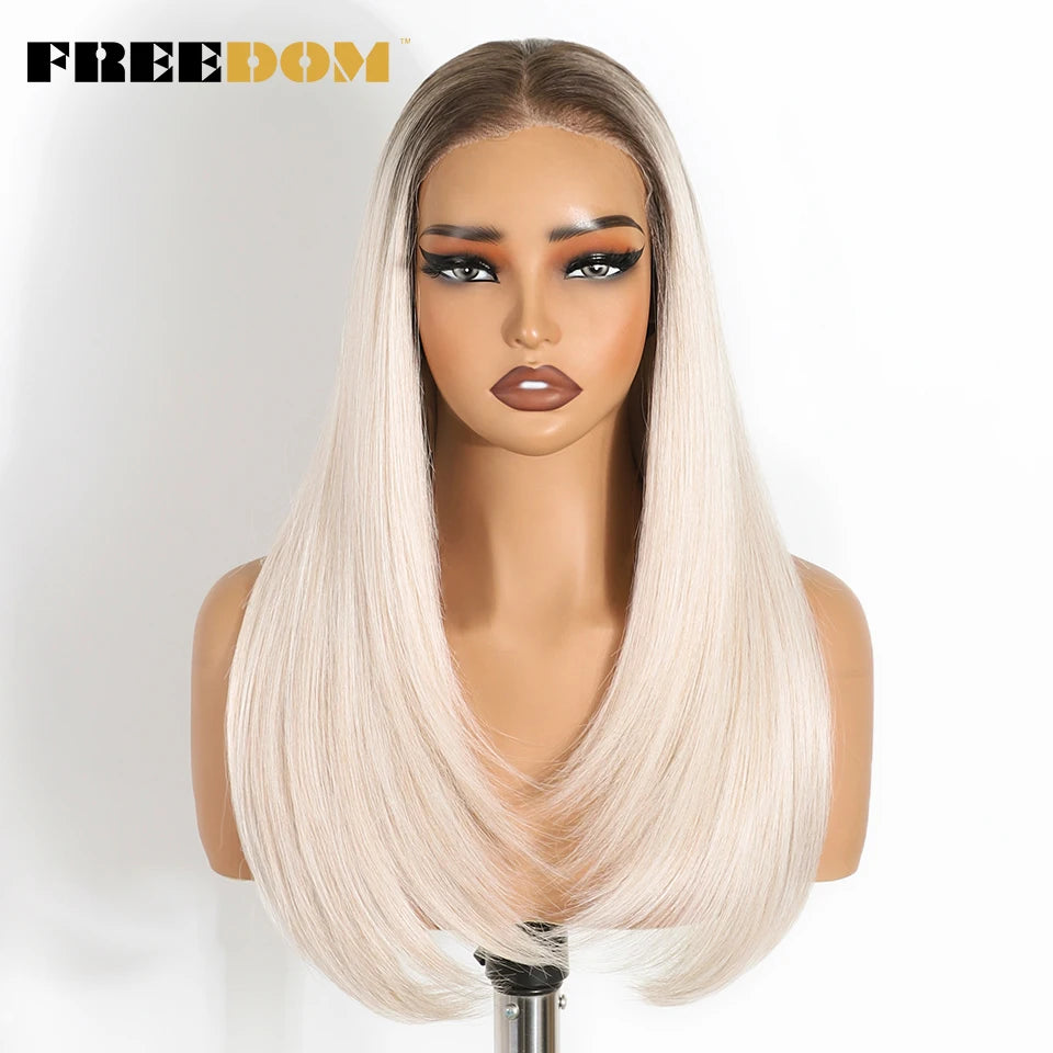 FREEDOM 9x6 Pre Plucked Synthetic Lace Front Wigs For Women Straight Layerd Wig 24" Ombre Blonde Wear And Go Glueless Lace Wigs