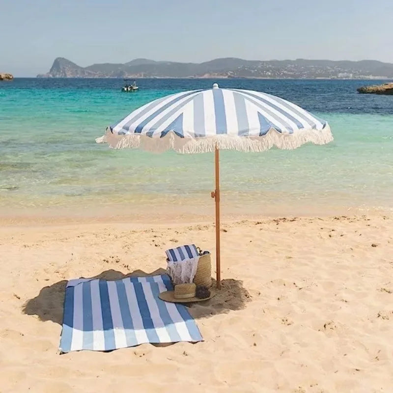 2m yellow striped umbrella with tassels, outdoor shade, beach umbrella, courtyard camping, sun protection
