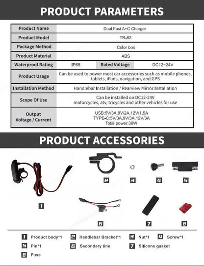 NEW PD QC3.0 Motorcycle USB Fast Charger 60W Handlebar Dual USB Socket with LED Voltmeter Waterproof 12-24V Power Supply Adapter