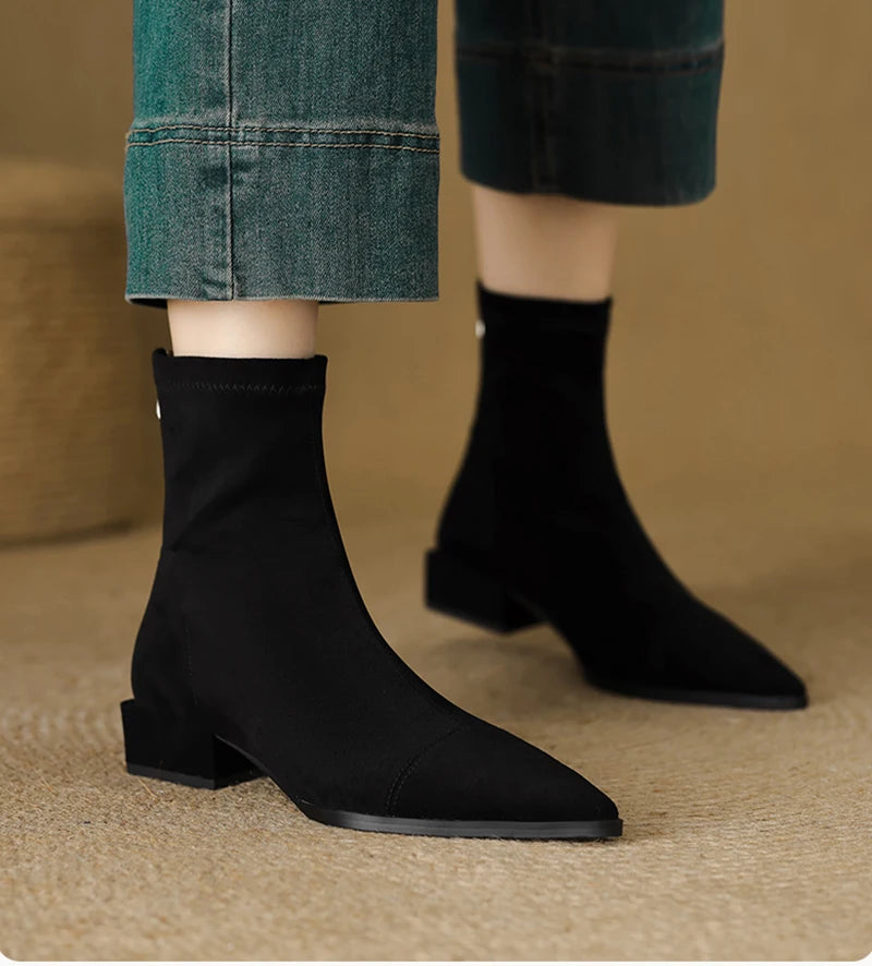 Autumn Vintage Suede Women Ankle Boots Ladies Concise Pointed Toe Thick Heel Short Botas Zapatos De Mujer