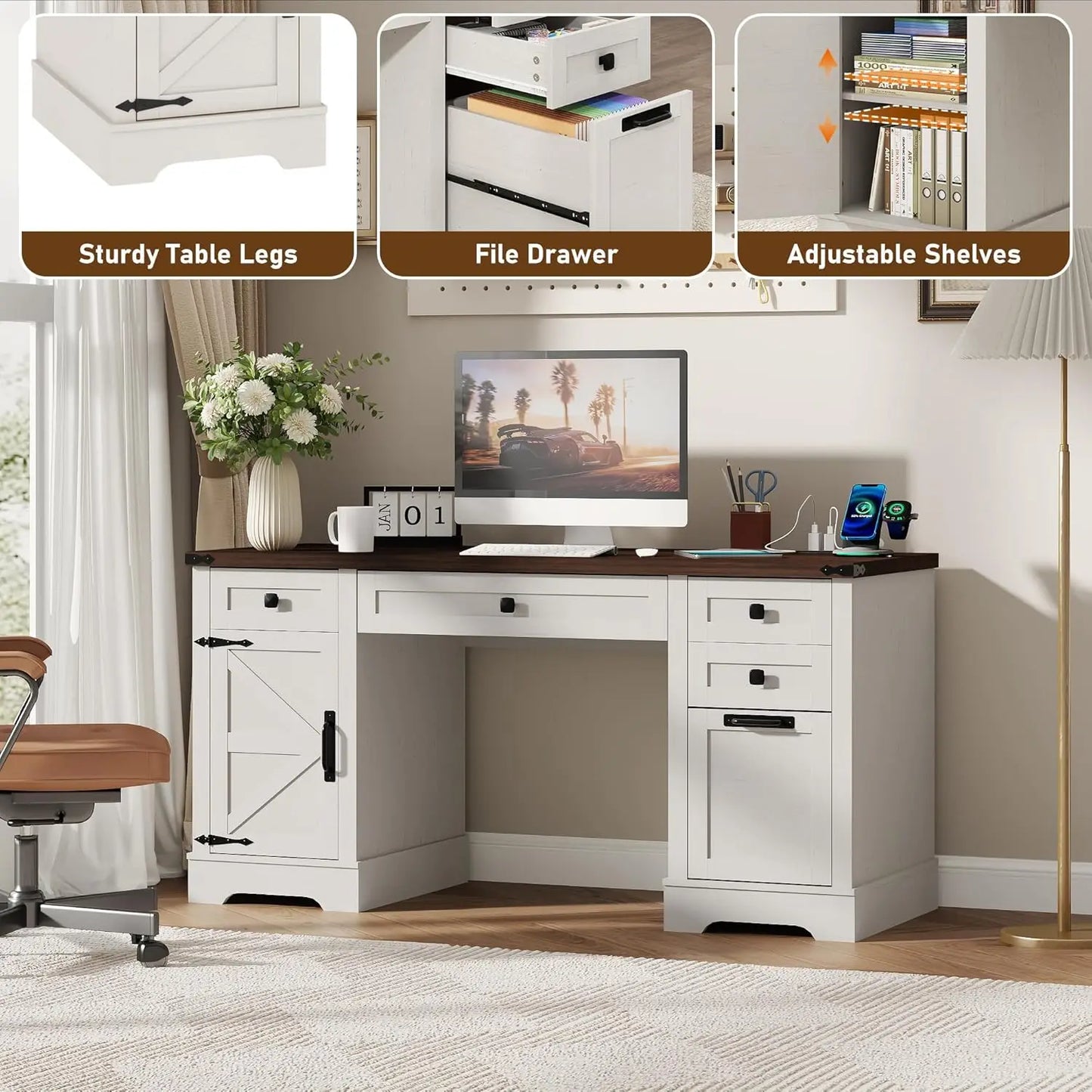 58'' Farmhouse Home Office Desk with Drawers, Wooden Executive Desk with Charging Station, File Drawers and Storage