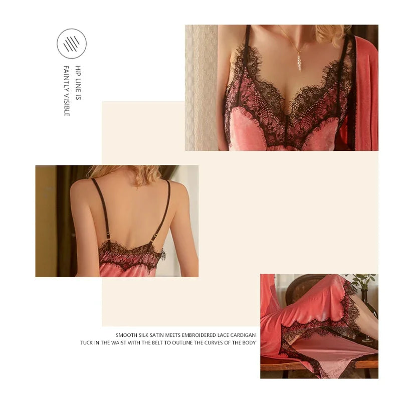 REBEYULI Brand Sexy Sleepwear Women 2026 Autumn Lace Sweet Solid Night Dress Long Soft Comfortable Velvet Robe Gown Sets Women