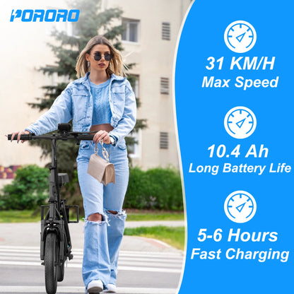 PORORO 14inch Electric Bicycle 10.5AH Battery 28Miles Max Range 22MPH Max Speed Shock Absorption Foldable E Scooter with Seat