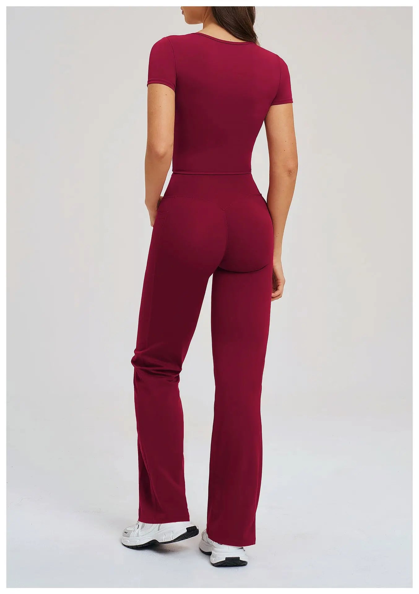 2PCS Women's Yoga Tracksuit midriff-baring short sleeve top high waist Bell-bottom Women Gym Running Training Workout Yoga Set
