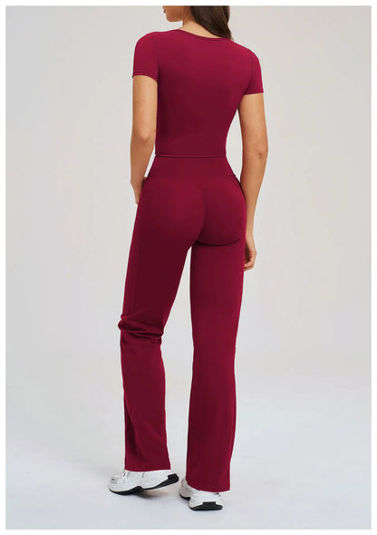 2PCS Women's Yoga Tracksuit midriff-baring short sleeve top high waist Bell-bottom Women Gym Running Training Workout Yoga Set