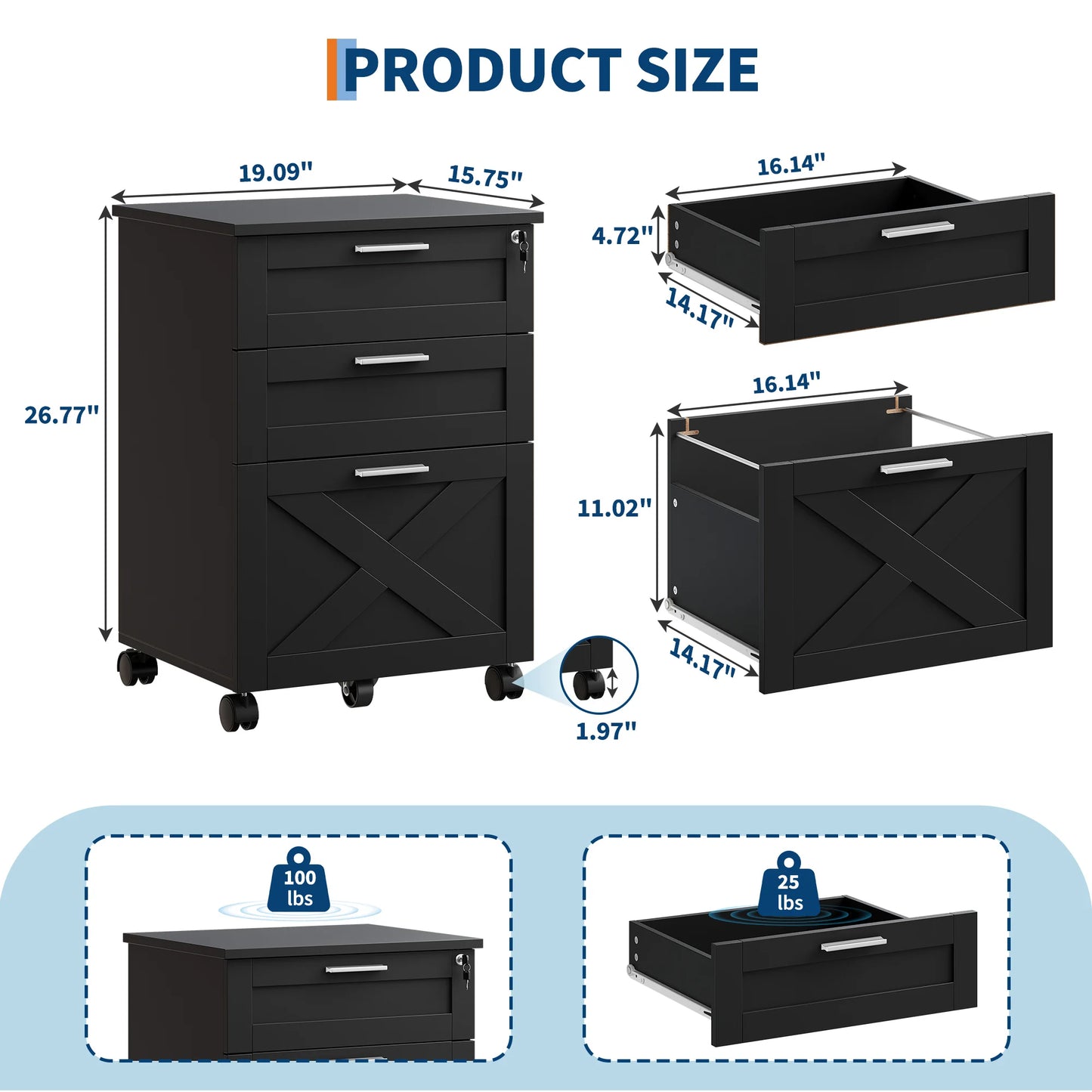 3 Drawer Rolling File Cabinet with Lock & Casters, Wooden Mobile Storage Organizer Printer Stand, Fits A4/Letter for Home Office
