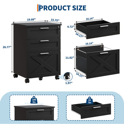 3 Drawer Rolling File Cabinet with Lock & Casters, Wooden Mobile Storage Organizer Printer Stand, Fits A4/Letter for Home Office