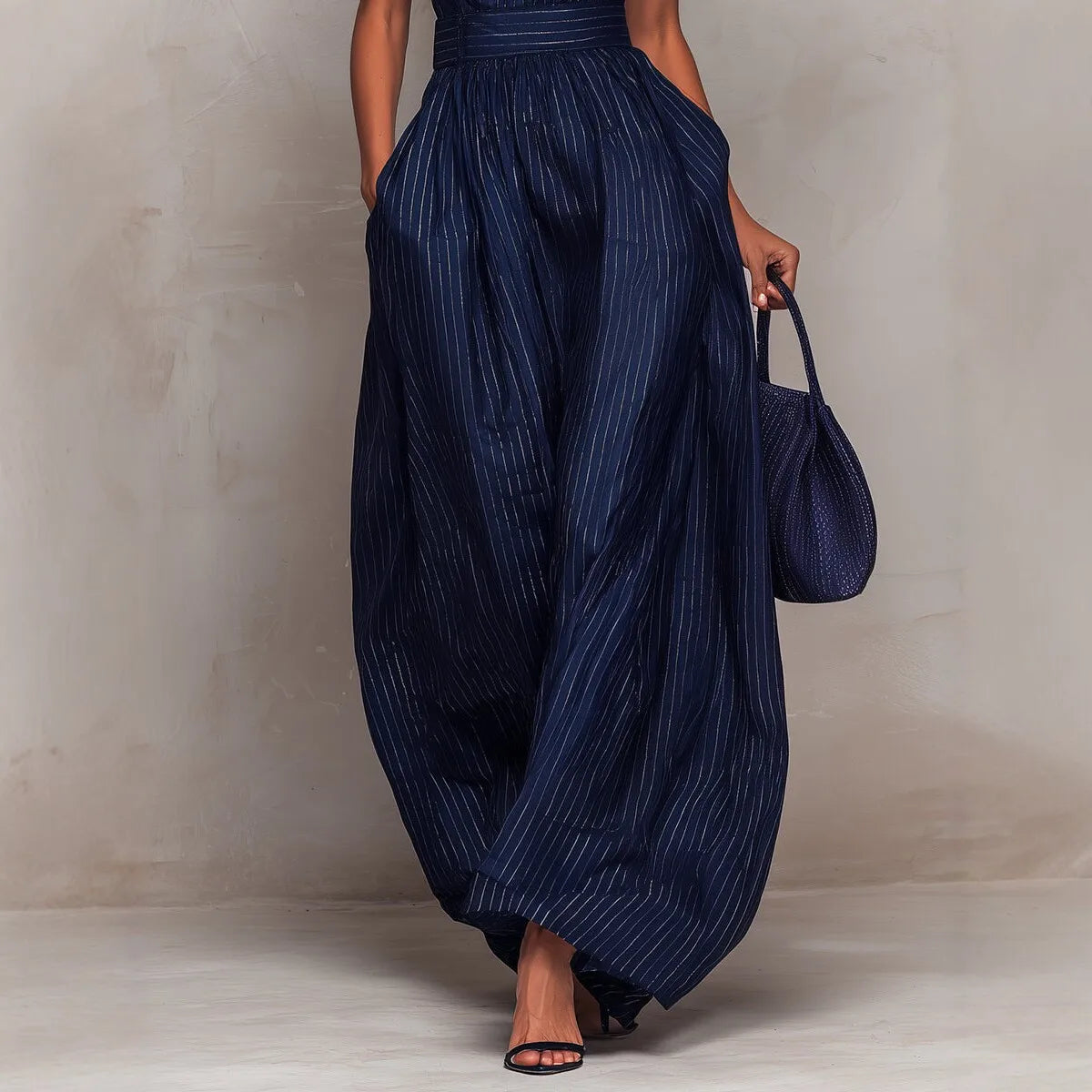 Striped Pint Jumpsuits Woman Elegant O Neck Off Shoulder Hollow Rompers Summer High Waist Wide Leg Pockets Loose Overalls