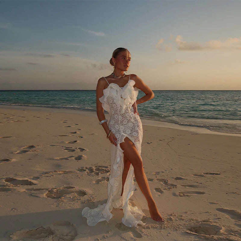 Sexy Hollow Out Lace Maxi Dress Women Spaghetti Strap Ruffles Party Club Robes Backless Side Slit Beach Vacation Lady Dress