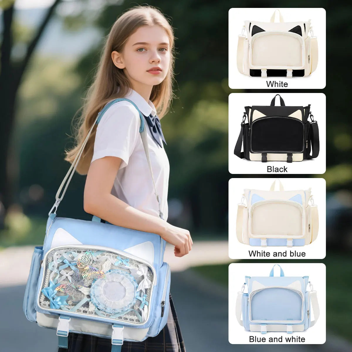 TINYAT Y2K Ita Bag Girl School Backpack Waterproof Transparent Shoulder Bag Women's Crossbody Bag DlY Display Cute Cat Ear