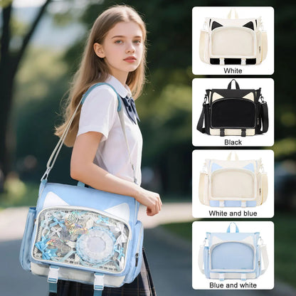 TINYAT Y2K Ita Bag Girl School Backpack Waterproof Transparent Shoulder Bag Women's Crossbody Bag DlY Display Cute Cat Ear