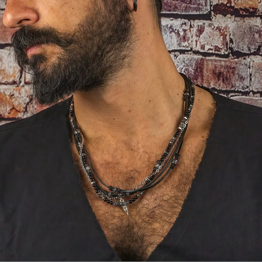 Retro Men Multilayer Leather Necklace Black Agate Beaded Necklace Bohemian Party Jewelry Accessories Gifts