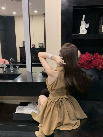 Sleeveless Dresses Women Bow Lace-up Turn-down Collar Mini High Street A-line Hotsweet Partywear Korean Fashion Vestidos Ins