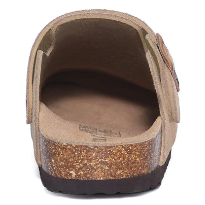 Crestar Women's Suede Clogs Lady Fashion Buckle Leather Mules Comfort Cork Footbed Potato Shoes with Arch Support Beach Sandal