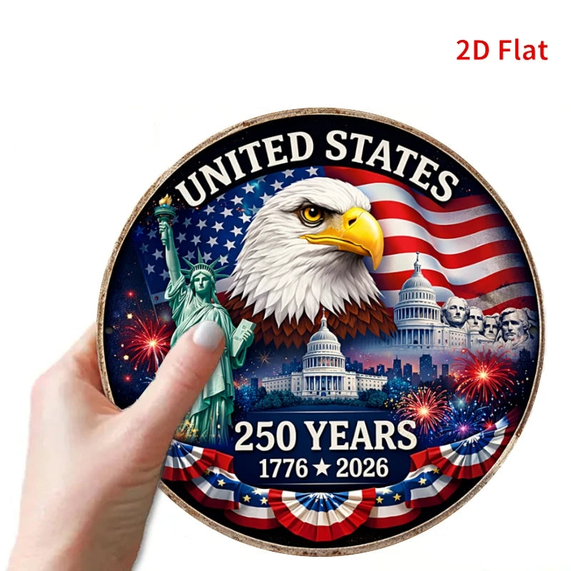 2D Flat - 1pc 19.99x19.99cm Round Aluminum Sign | USA 250 Years Anniversary Metal Art Sign, Patriotic Home Decor, 1776-2026 Amer
