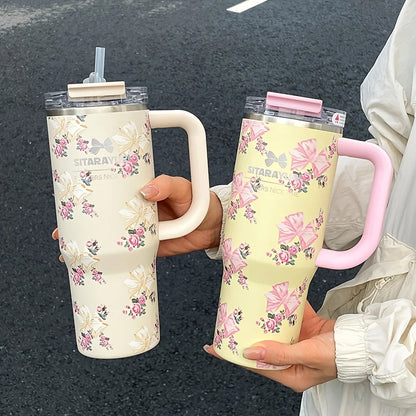 1pc 900ml Floral Print Stainless Steel Vacuum Insulated Tumbler with Straw,  Ice Cold Retention Cup,Birthday Gift for Women