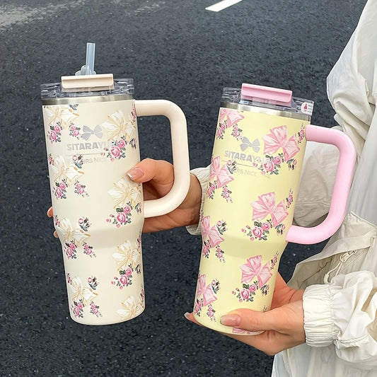 1pc 900ml Floral Print Stainless Steel Vacuum Insulated Tumbler with Straw,  Ice Cold Retention Cup,Birthday Gift for Women