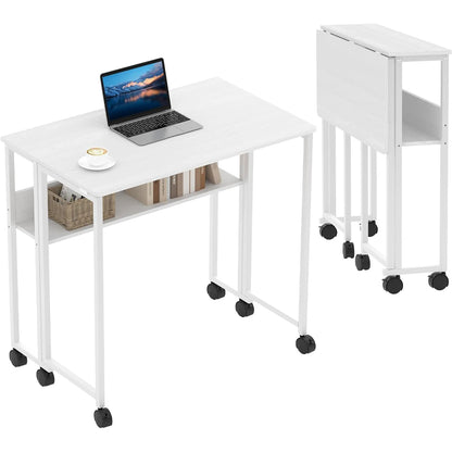 Black Folding Rolling Desk Space Saving with Laptop Table Storage Shelf Sturdy Frame Mobile Workstation Sofa Table with Wheels