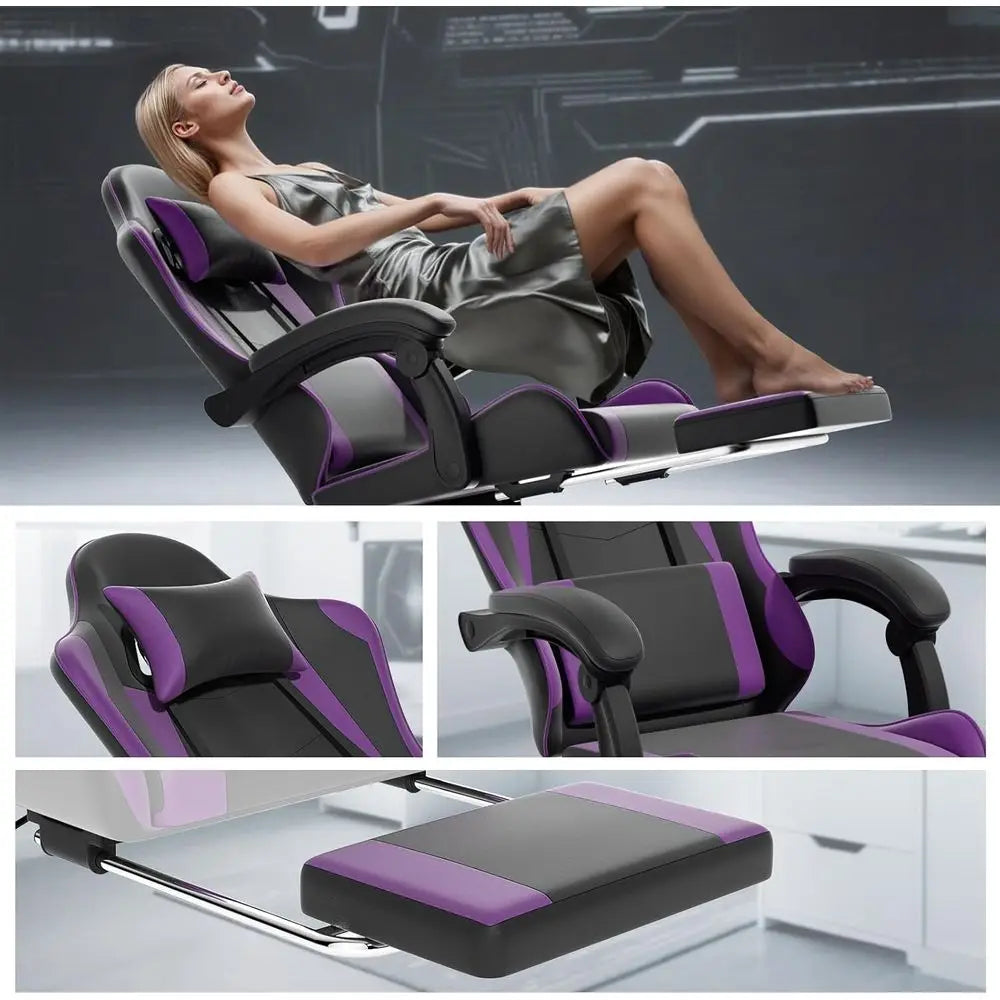 Purple Ergonomic Gaming Chair with Adjustable Height, Footrest, Headrest, and Lumbar Support for Kids and Adults